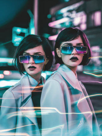 Two women wearing sunglasses and white coats standing next to each other, AIの素材