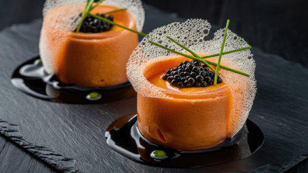 Two small dishes of food with black caviar on top, AIの素材