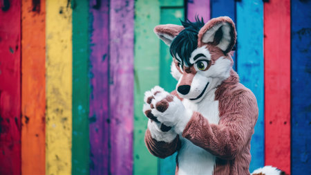 A furry animal in a costume standing next to colorful wooden fence, AIの素材