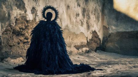 A black cloak with a hood and feathers on the back, AIの素材