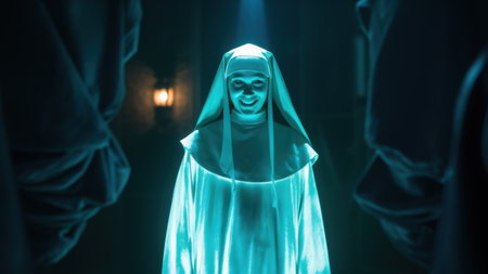 A woman dressed in a nuns habit is illuminated by blue light, AIの素材