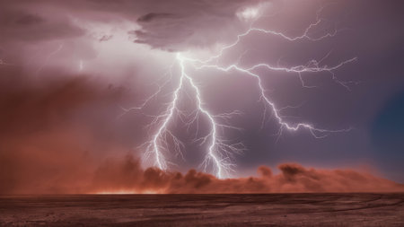 A large lightning bolt is striking the ground in front of a fire, AIの素材