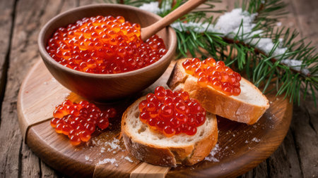 A bowl of red caviar on bread with a spoon, AIの素材