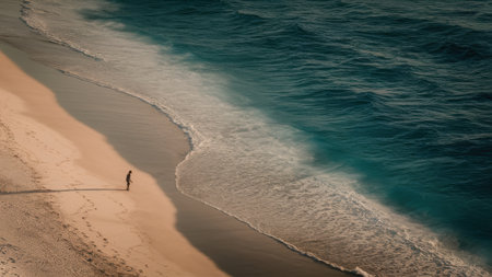 A person walking on the beach near a body of water, AIの素材