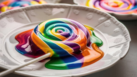A white plate with a rainbow colored candy on it, AIの素材