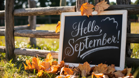 A black and white sign with a hello september written on it, AIの素材