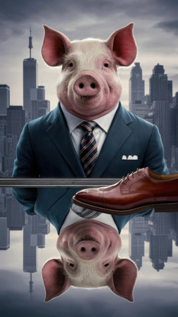 A pig wearing a suit and tie with his reflection in the mirror, AIの素材