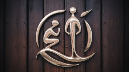 A metal logo of a man and woman on wood panel, AIの素材