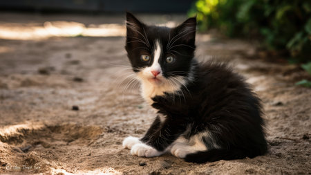 A black and white kitten sitting on the ground with a sad look, AIの素材