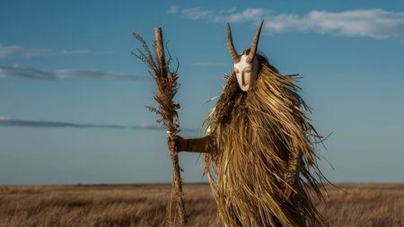 A shaman or witcher dressed in a grassy costume holding an object, AIの素材