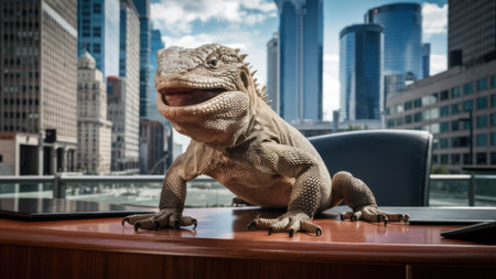 A lizard sitting on a desk in front of city buildings, AIの素材