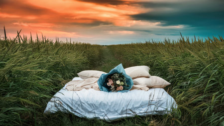 A bed with flowers and a bouquet on it in the middle of tall grass, AIの素材