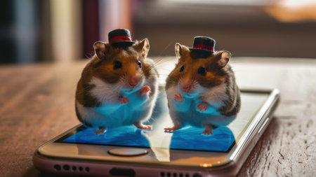 Two hamsters wearing top hats on a cell phone screen, AIの素材
