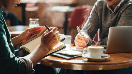 Two men sitting at a table with laptops and notebooks, AIの素材
