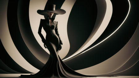 A woman in a black dress and hat standing next to an abstract sculpture, AIの素材