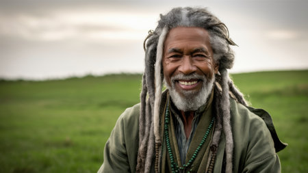 A man with dreadlocks and a green shirt smiling in the grass, AIの素材