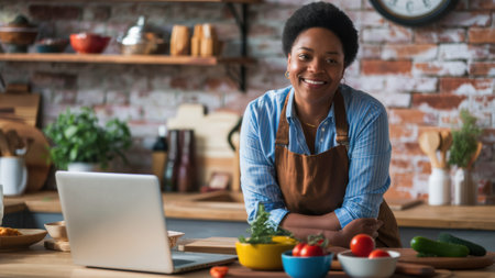 A woman in apron smiling at the camera while sitting on her kitchen counter, AIの素材