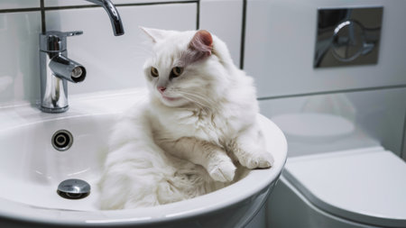 A white cat sitting in a bathroom sink with its paws on the edge, AIの素材