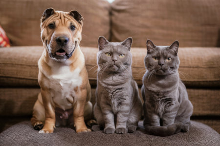 A group of three cats sitting on a couch next to a dog, AIの素材