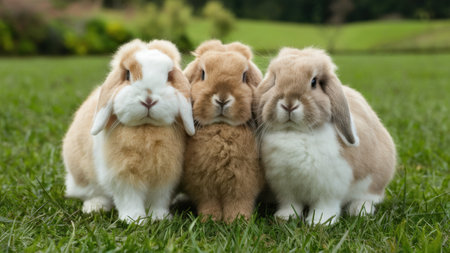 Three rabbits are sitting in a field of grass looking at the camera, AIの素材