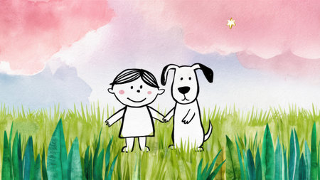 A drawing of a cartoon dog and girl standing in grass, AIの素材