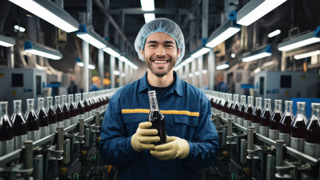A man holding a bottle of beer in an assembly line, AIの素材