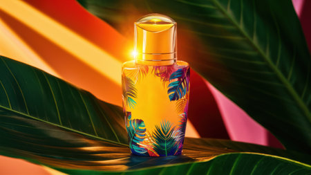 A bottle of perfume sitting on top of a leafy plant, AIの素材