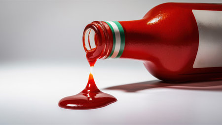 A bottle of ketchup being poured onto a white surface, AIの素材