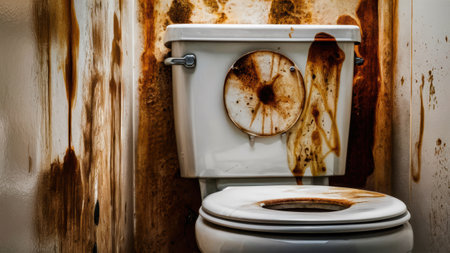 A toilet with a brown stain on the seat and walls, AIの素材