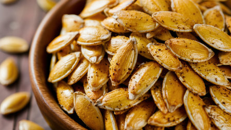 A bowl of nuts on a wooden table with some sprinkled, AIの素材