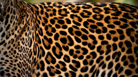 A close up of a leopards fur with some leaves in the background, AIの素材