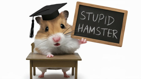A stupid hamster in a graduation cap holding up a blackboard, AIの素材