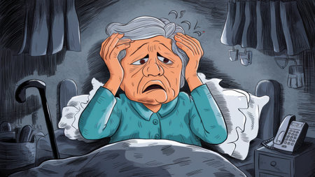 A cartoon of an elderly woman is in bed with her head on the pillow, AIの素材