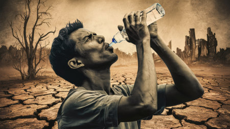 A man drinking water from a bottle in the desert, AIの素材