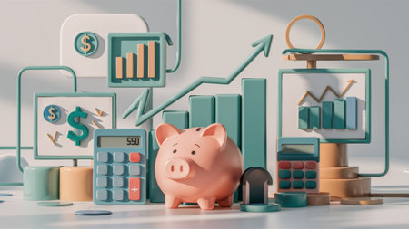 A piggy bank with a calculator and graphs on the table, AIの素材