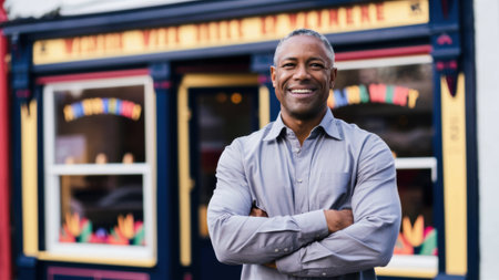 A man standing in front of a store with his arms crossed, AIの素材