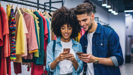 A man and woman looking at a cell phone in front of clothes, AIの素材
