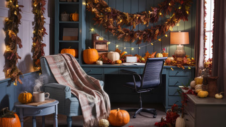 A room with a chair, desk and decorations for fall, AIの素材