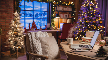 A laptop computer sitting on a desk in front of christmas trees, AIの素材