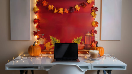 A laptop computer sitting on a desk with decorations and leaves, AIの素材