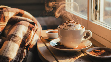 A cup of hot chocolate sitting on a table next to the window, AIの素材