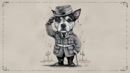 A drawing of a dog in uniform saluting with his paw, AIの素材