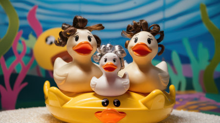 A group of three rubber ducks with hair on their heads, AIの素材