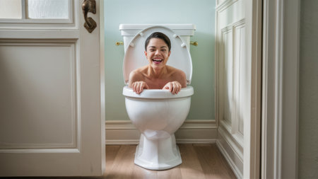 A woman smiling in a toilet with her head sticking out, AIの素材