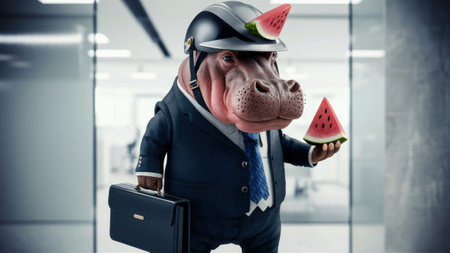 A hippo in a suit holding watermelon slices on his head, AIの素材