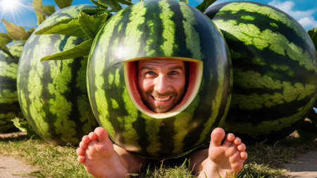 A man with a face in the middle of watermelons, AIの素材