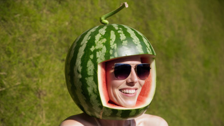 A woman wearing a watermelon helmet while sitting on grass, AIの素材