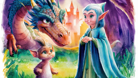 A painting of a girl and dragon in front of trees, AIの素材