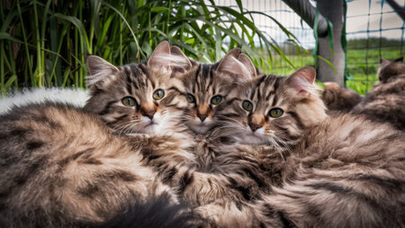 Three cats are laying together in a circle on the ground, AIの素材