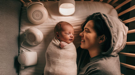 A woman holding a baby in her arms while she is laying down, AIの素材